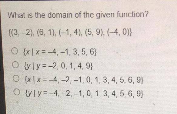 What İs The Domain Of The Given Function? {(3, –2), (6, 1), (–1, 4), (5, 9), (–4, 0)}